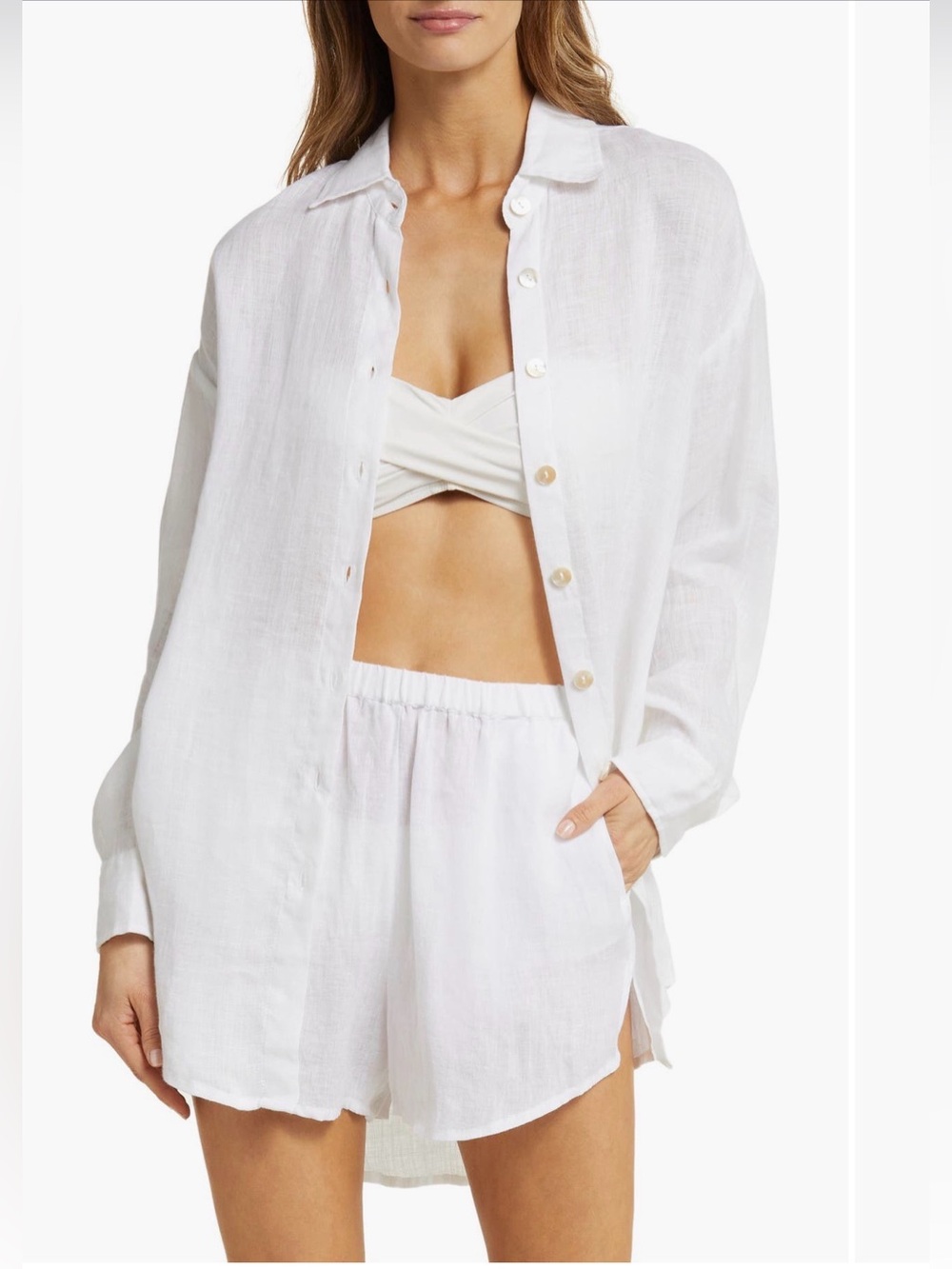 VITAMIN A Playa Oversize Linen Cover-Up Shirt White Eco Linen Size S $175
